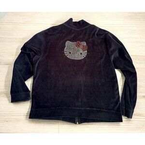 Sanrio Black Velour Hello Kitty Rhinestone Track Jacket Size Large Bling Zip 44”